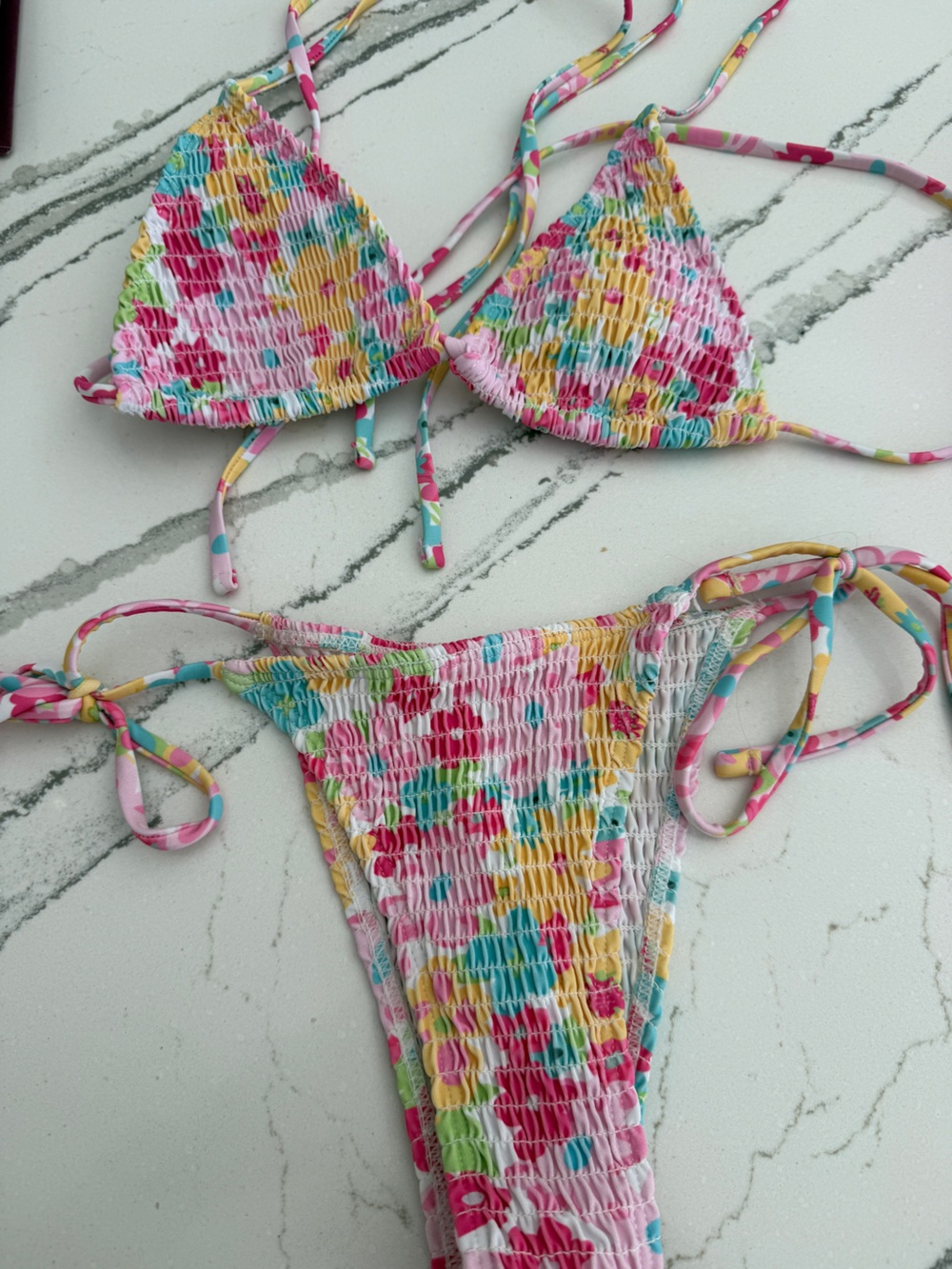 SHEIN Pink Multicolor Floral Smocked String Bikini